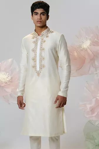 White woven cotton kurta pajama