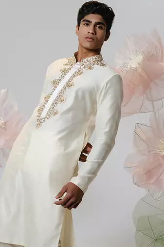 White woven cotton kurta pajama