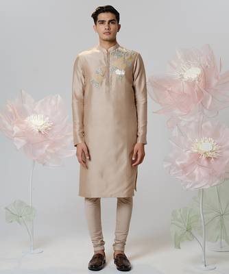 Beige woven cotton kurta pajama 1