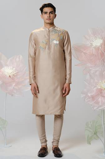 Beige woven cotton kurta pajama