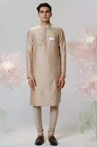 Beige woven cotton kurta pajama