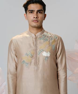 Beige woven cotton kurta pajama 2