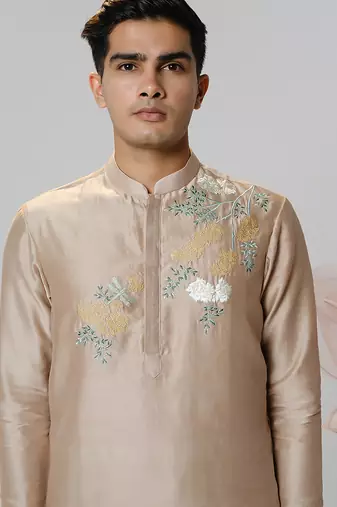 Beige woven cotton kurta pajama