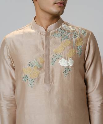 Beige woven cotton kurta pajama 3