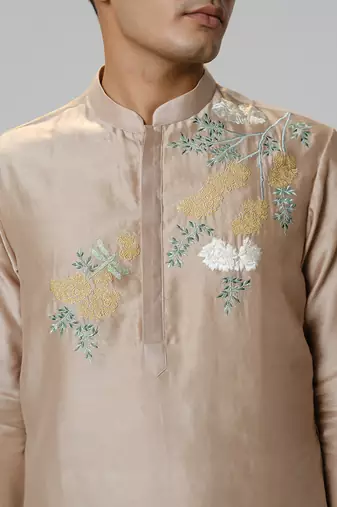 Beige woven cotton kurta pajama