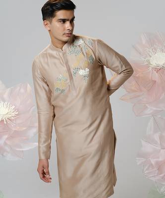 Beige woven cotton kurta pajama 4