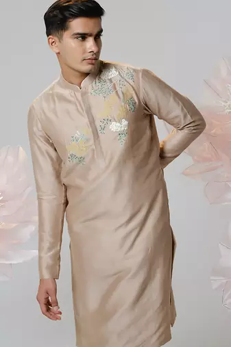 Beige woven cotton kurta pajama