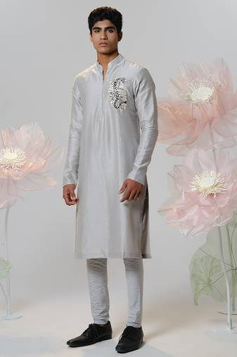 Grey woven cotton kurta pajama