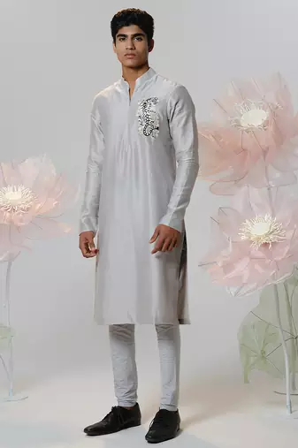 Grey woven cotton kurta pajama