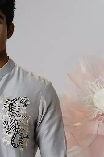 Grey woven cotton kurta pajama