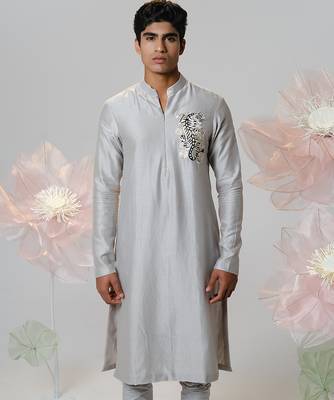 Grey woven cotton kurta pajama 3