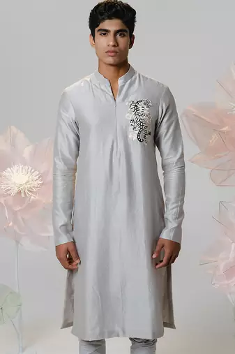 Grey woven cotton kurta pajama