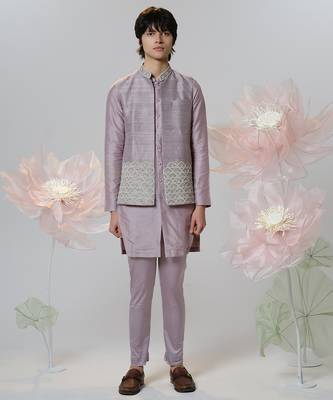 Grey woven cotton nehru jacket set 1