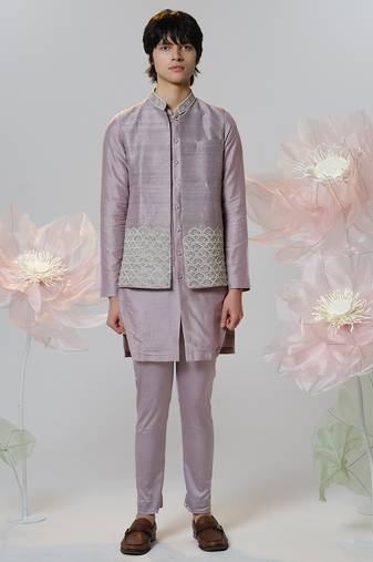 Grey woven cotton nehru jacket set