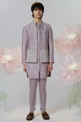 Grey woven cotton nehru jacket set