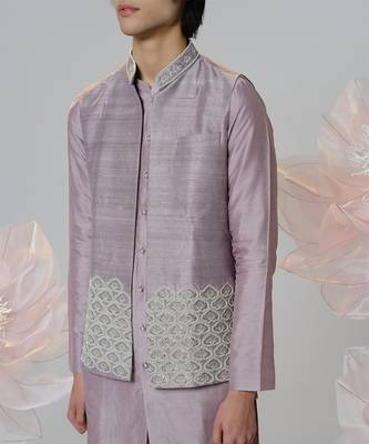 Grey woven cotton nehru jacket set 2