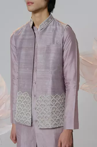 Grey woven cotton nehru jacket set