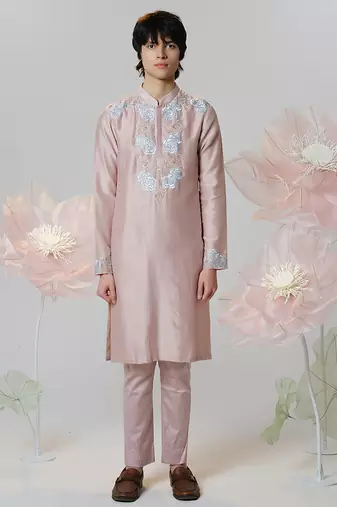 Pink woven cotton kurta pajama