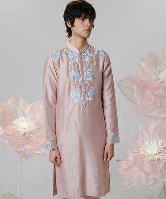 Pink woven cotton kurta pajama 2