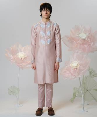 Pink woven cotton kurta pajama 4