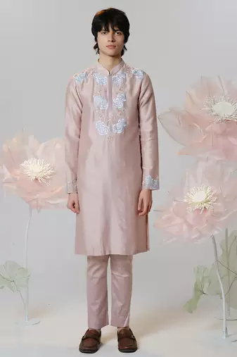 Pink woven cotton kurta pajama