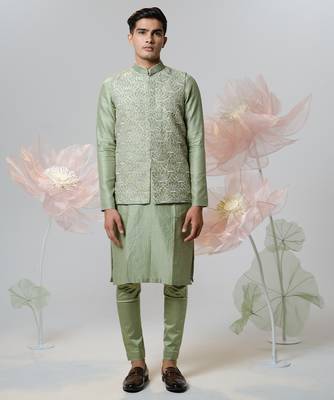 Green woven cotton nehru jacket set 1