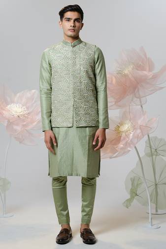 Green woven cotton nehru jacket set