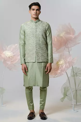 Green woven cotton nehru jacket set