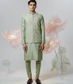 Green woven cotton nehru jacket set