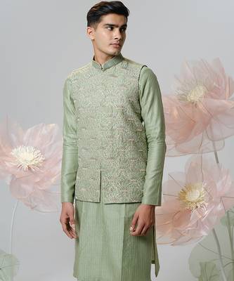 Green woven cotton nehru jacket set 2