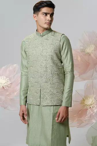 Green woven cotton nehru jacket set