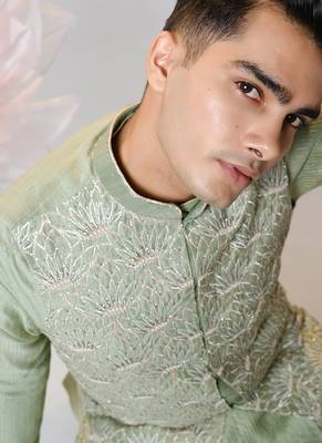 Green woven cotton nehru jacket set 3