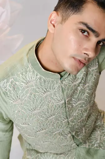 Green woven cotton nehru jacket set