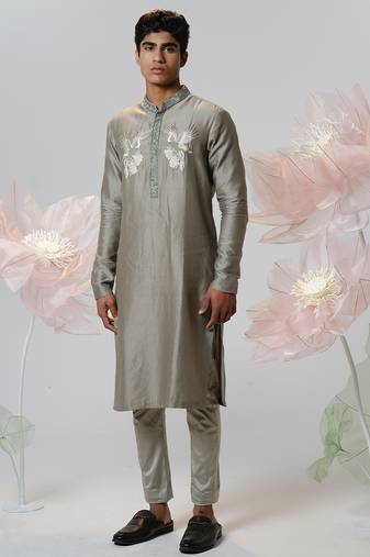 Green woven cotton kurta pajama