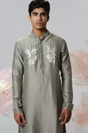 Green woven cotton kurta pajama