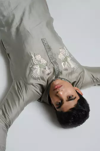 Green woven cotton kurta pajama