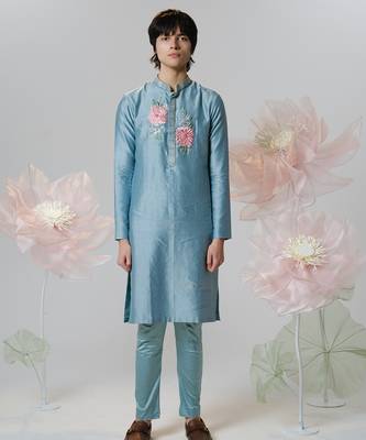 Blue woven cotton kurta pajama 1