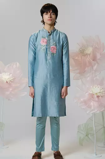 Blue woven cotton kurta pajama