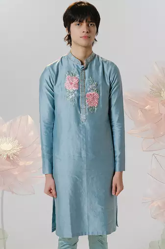 Blue woven cotton kurta pajama