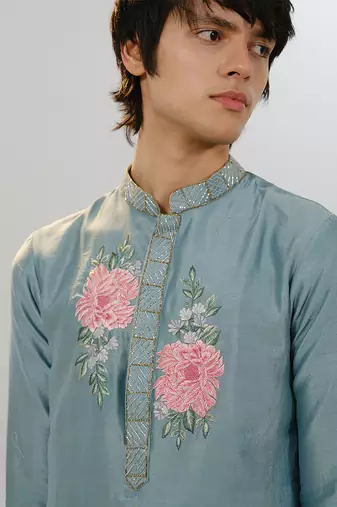 Blue woven cotton kurta pajama