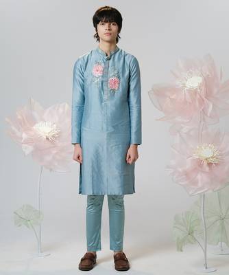 Blue woven cotton kurta pajama 4