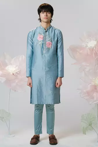 Blue woven cotton kurta pajama