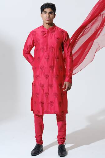 Red woven cotton kurta pajama
