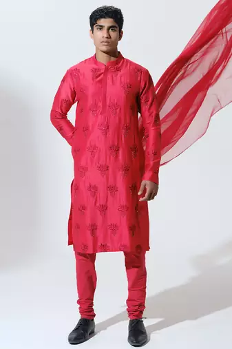 Red woven cotton kurta pajama