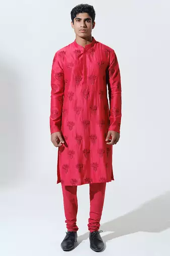 Red woven cotton kurta pajama