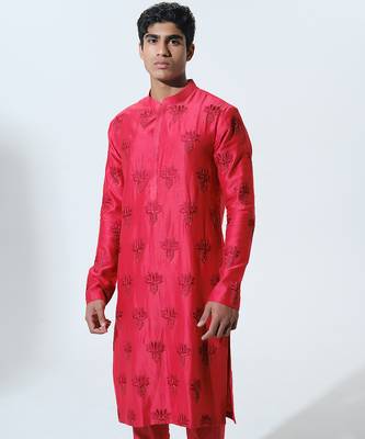 Red woven cotton kurta pajama 3