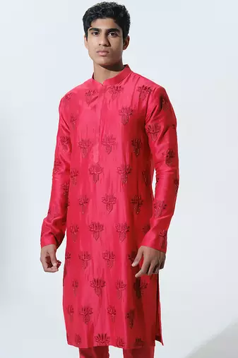 Red woven cotton kurta pajama