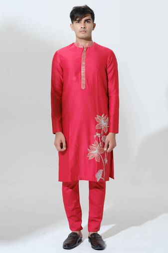 Red woven cotton kurta pajama