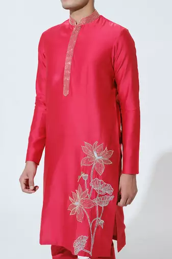 Red woven cotton kurta pajama