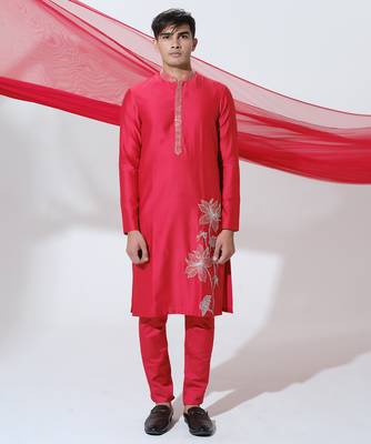 Red woven cotton kurta pajama 3
